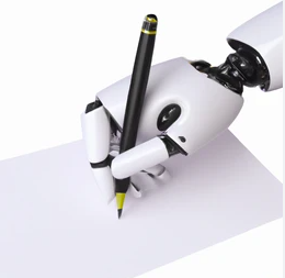 An image of a robot writing on paper with a fountain pen.